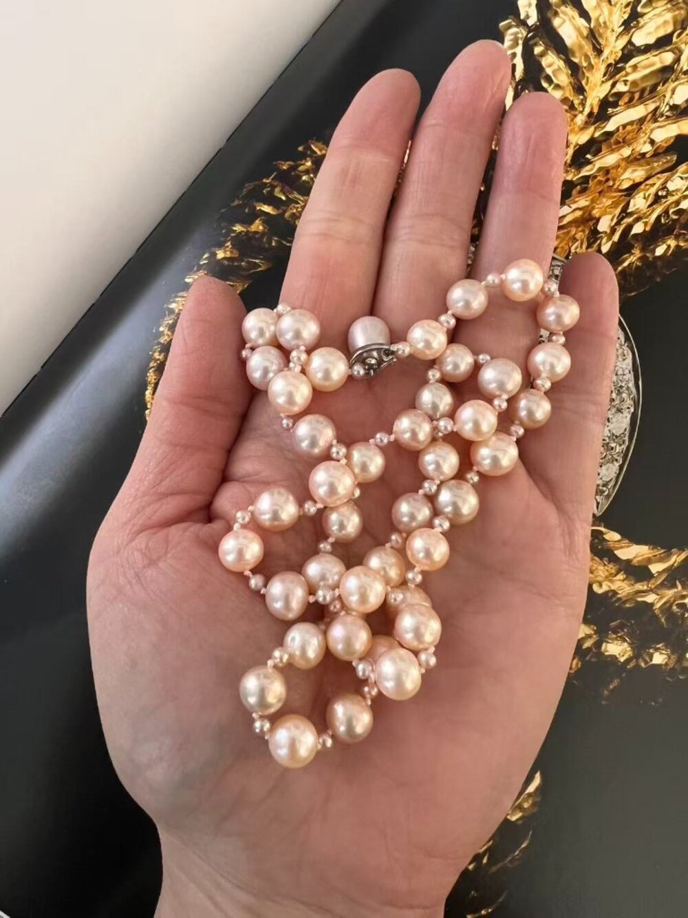 Vintage Genuine Pink Iridescent Cultured Freshwater Pearl Necklace  7.5-8.5mm